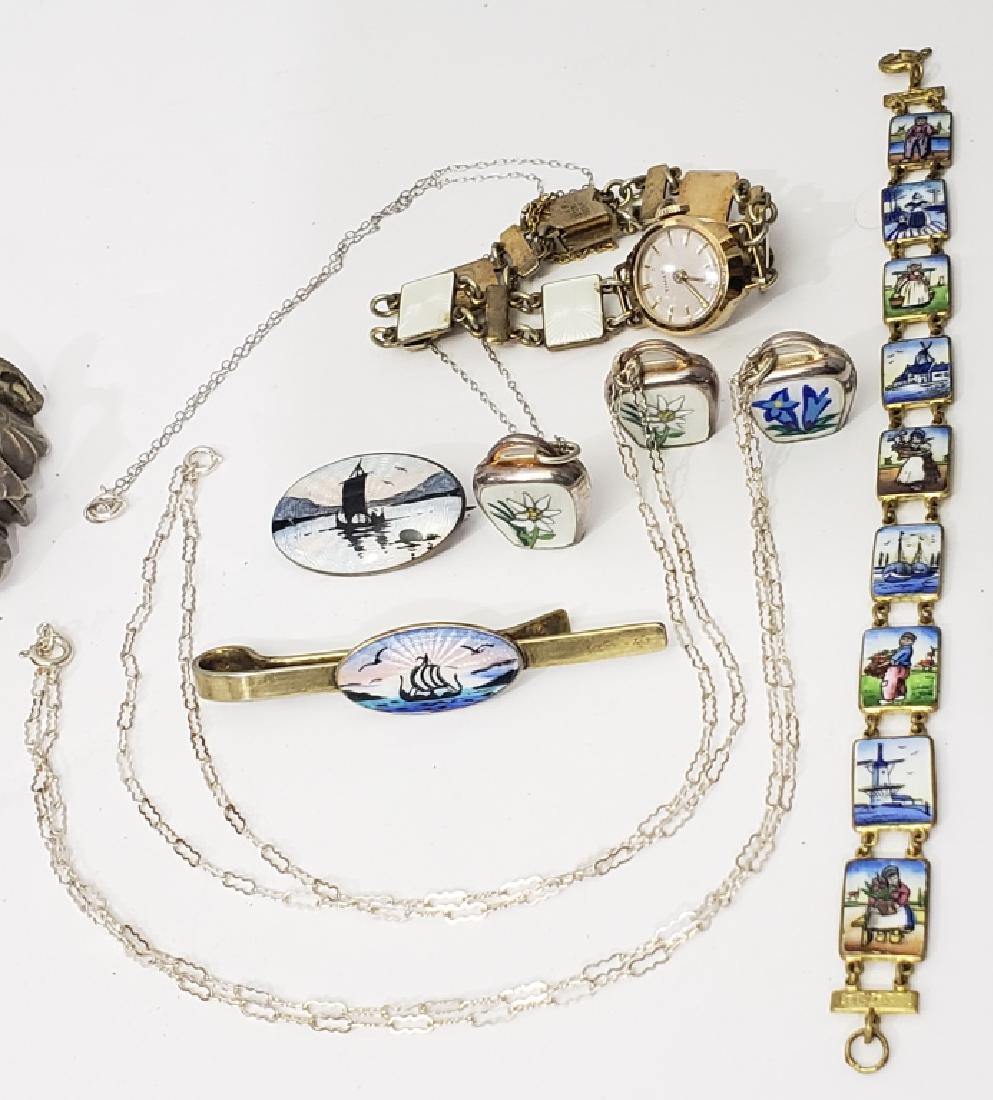 Sterling & Enamel Jewelry Lot (7 pcs): 1) Pin, enameled Viking longboat, appx. 1.25", 2) Tie clip, Viking long boat, 3) Enameled bracelet (maybe base metal?) Dutch scenes, 7.5" overall, 4-6) Sterling & enamel small "cow bells" with flowers