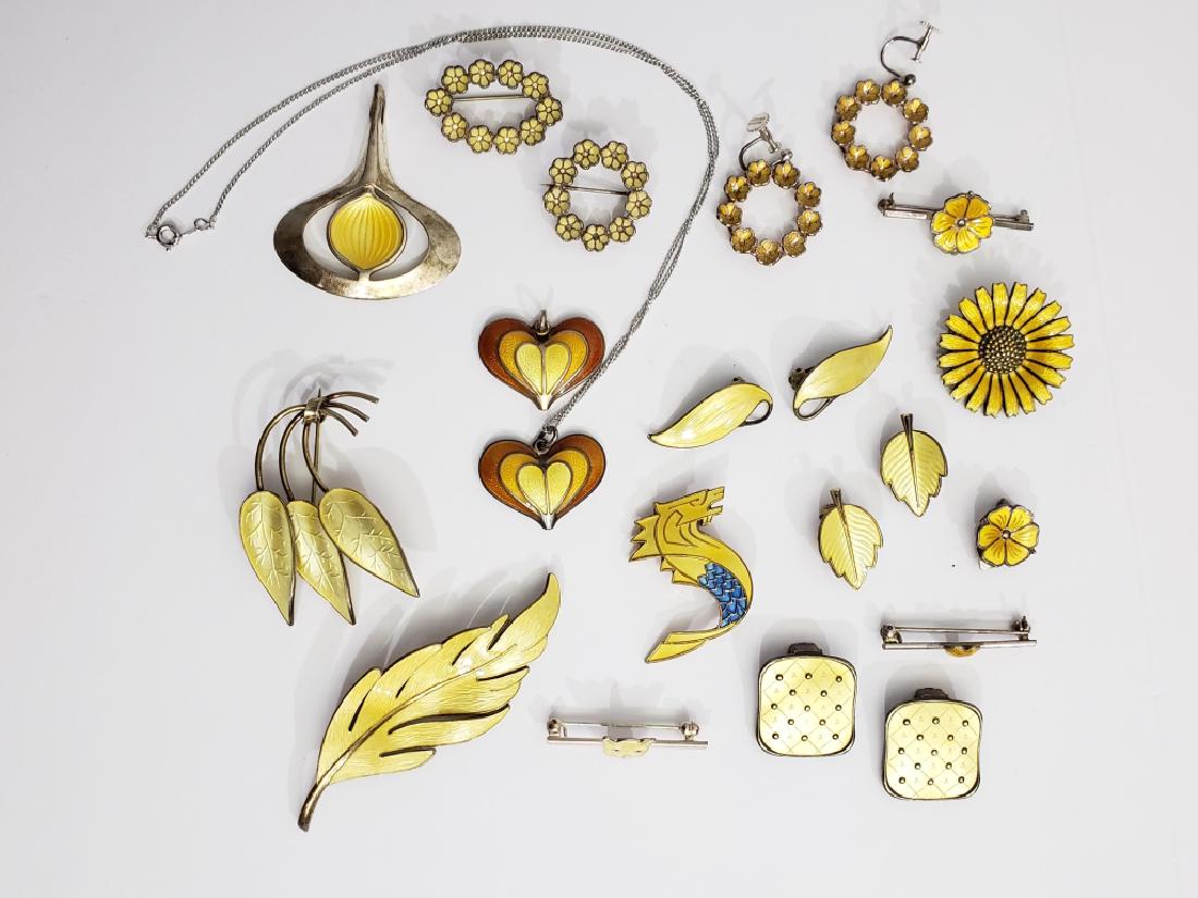Large Group of Yellow Enamel Jewelry Norway ++: 17 pcs of yellow sterling and enamel jewelry as follows- 1) daisy flower pin, "AM / Sterling/ Denmark", 2) leaf pin, 3", "Sterling / Norway" (more marks), 3) dragon pin, David Andersen, pinback broken