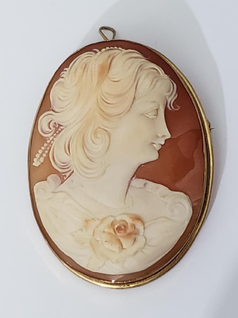 .800 Silver Cameo With Carved Shell Cameo: 2.25" cameo. Frame marked ".800". Cameo signed indistinctly on reverse.