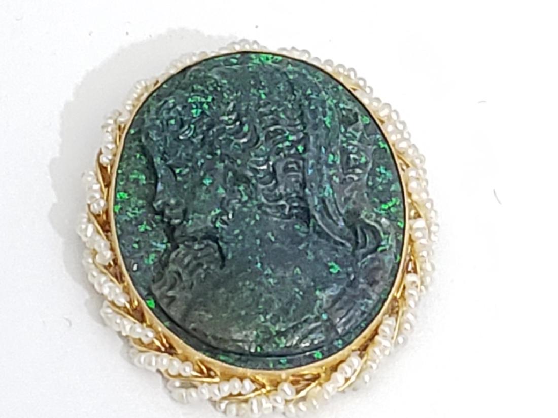 Unusual Opal Cameo In 14K Gold & Pearl Frame (1 of 3)
