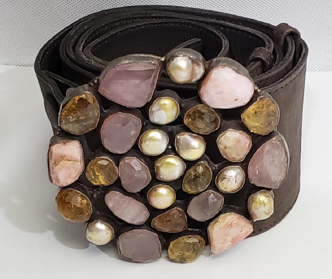 Women's Sued Belt With Large Sterling Belt Buckle: Buckle is 3.25" diameter and is encrusted with pearls, citrines and other stones. No apparent marks.