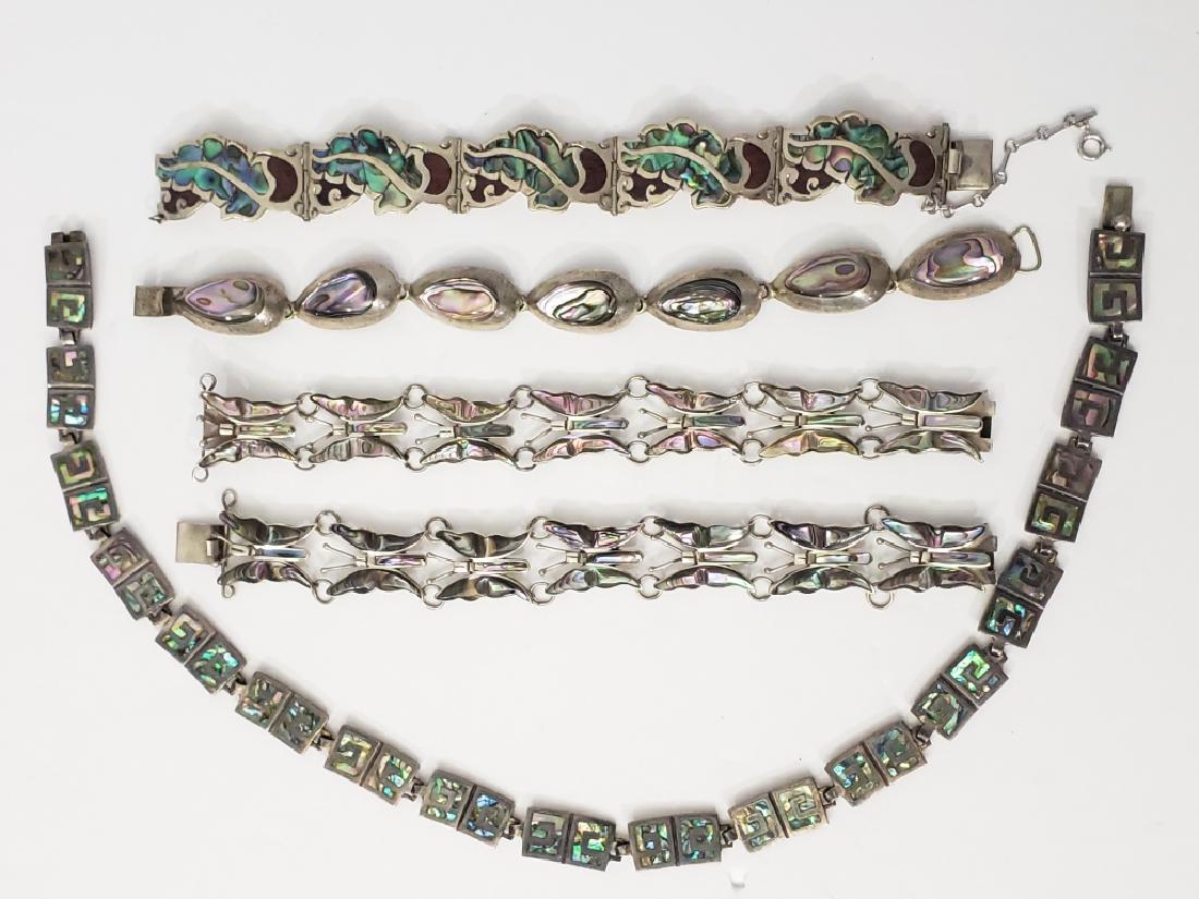 Sterling & Abalone Jewelry Group: 5 Pieces 1) Butterfly bracelet, 6.75", 2) (another), 3) Teardrop shaped bracelet, 8", 4) "leaf" bracelet, 7.25", 5) Necklace, 16", .75".