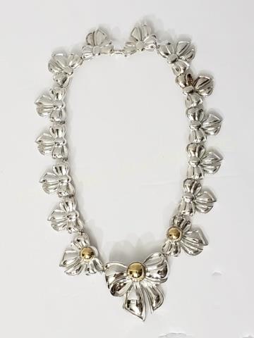 Charles Krypell Sterling & 14K Flower Necklace: Necklace appx. 15.5" end to end, central flower is 1.5" tall. 2.78 Oz. Troy. Marked "14K / © Krypell 925".