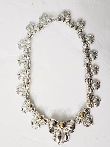 Charles Krypell Sterling & 14K Bow Necklace: Necklace appx. 17". Central bow is appx. 1.5" tall. Middle 5 bows have gold "domes" at top (see photos). 2.98 Oz. Troy. "14K © Krypell .925".