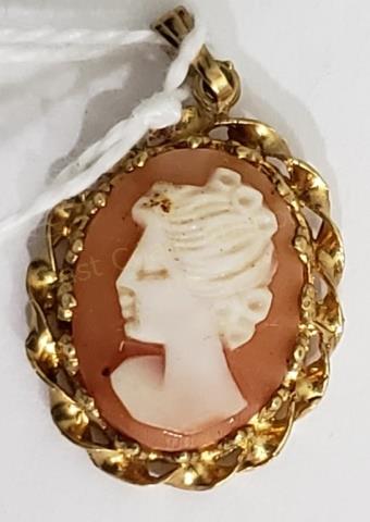 Small 14K Gold Shell Cameo: .75" tall. Carved shell cameo. Marked "14K" on reverse. 1.6 DWT.