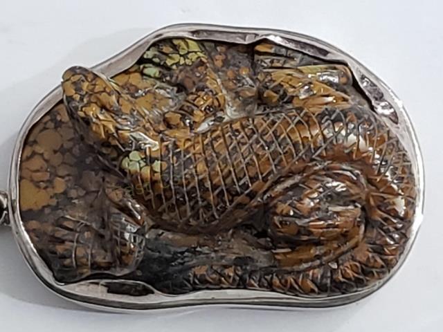 Very Large Carved Stone Lizard In Sterling Pendant (1 of 4)