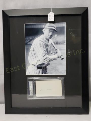 NYY Earle Bryan Combs PSA Autograph & Photo: Earle Bryan Combs played his entire career for the New York Yankees. This is a PSA certified autograph on an index card. With a glossy 8"X 10" black & white photo. Frame 16" X 20"