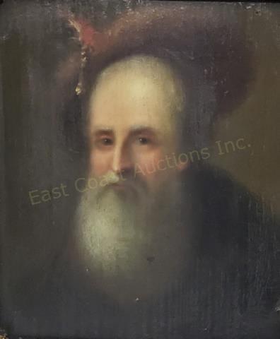 Ferdinand Bol (?) Old Master Oil On Panel Painting: Old Master oil on panel painting. The painting shows an old bearded man wearing a fur hat with bright feather adornment. Panel measures 9.5" x 8.75". Back of panel has old signature or notation (?) "F