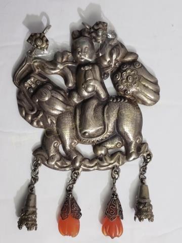 Large Chinese Silver Pendant Scholar On Foo Dog (1 of 2)