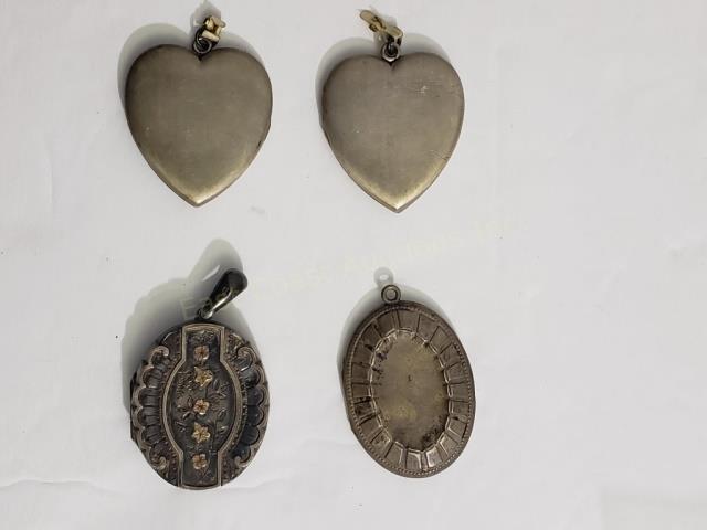 4 Antique Sterling Lockets: 1) Heart, 1 3/8", "Sterling", 2) (same), 3)1.5", unmarked, no interior, 4) English, hallmarked, with "gold" flowers on front, 1.5" without suspension link, "J & F S.", "g (Anchor) (Lion)"