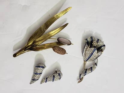 Vintage Costume Jewelry Group Halbe Fabrice Paris: Pi, 4", 2 "cat tails", "Fabrice / Paris", together with, 2) Clip on earrings, 1.5" "diamonds and sapphires", "Halbe", 3) Flower pin, apparently unsigned, 3.25". "diamonds and sapphires".