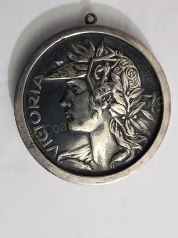 Henryk Winograd Victoria Medal Pendant: 2 3/16" diameter. Felt back, 23.1 DWT. "Victoria". "HW999".