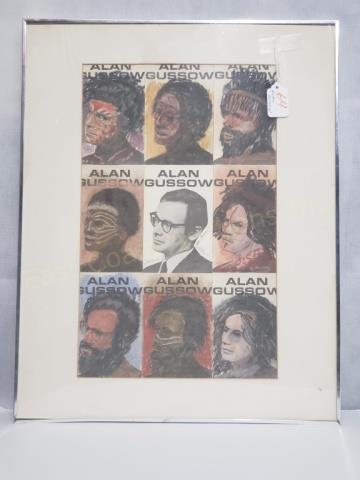 Alan Gussow Signed Print / Artwork: Alan Gussow artwork- 9 different cards framed together. Center card pencil signed "1969 Alan Gussow 1983". The other cards colored with colored pencil or crayon (?). Each card 5.5" x 3.5". Reverse wit