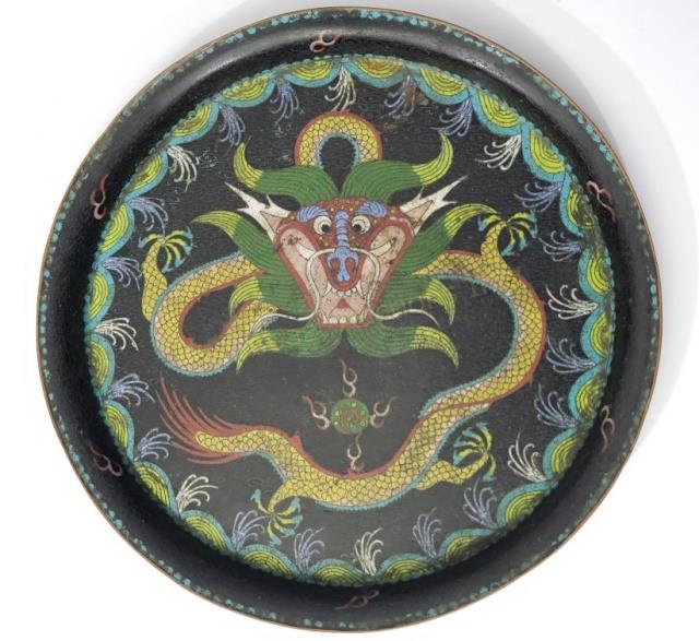 Chinese Cloisonne Black Plate With Dragon 10" (1 of 3)