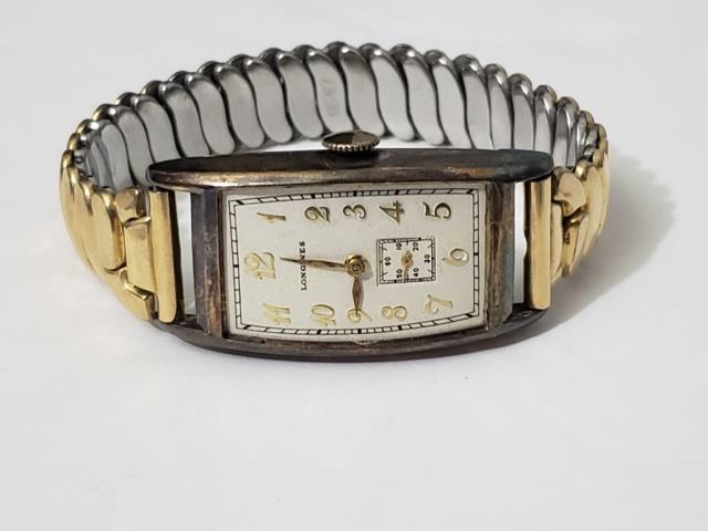 Vintage Gents Longines Wrist Watch, As Found: No crystal. 10K GF Case. 1.5" total length of watch. 17J "9L" unadjusted movement. "Longines", with sub seconds dial.