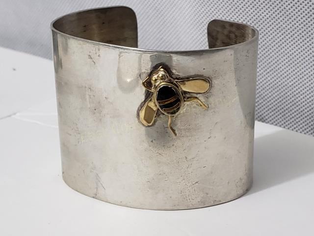 Sterling Silver (?) Cuff Bracelet W/ Gold (?) Bee (1 of 2)