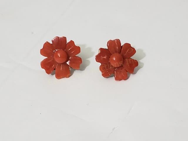 A Pair Of Carved Coral Flower Earrings 14K Posts (1 of 2)