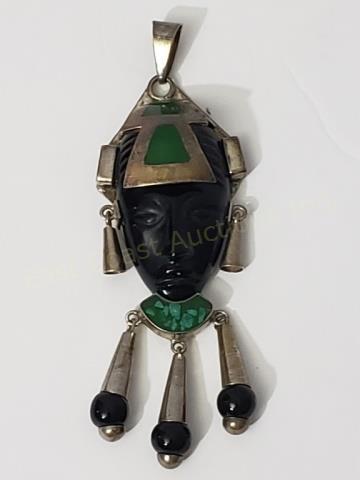 Mexican Silver Onyx & Silver Large Face Pendant (1 of 2)