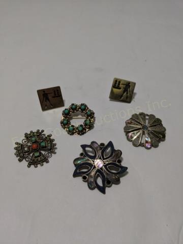 Mexican Silver Jewelry Group (5 Pcs): 1) "MATL" pin with inlaid red, green blue stones, 1 3/8", 2) Pirate & ship screw back earrings, 3) Abalone flower pin, 4) Circle pin with turquoise, 4) Abalone & blue stone pin, 1.75". Total weight ap