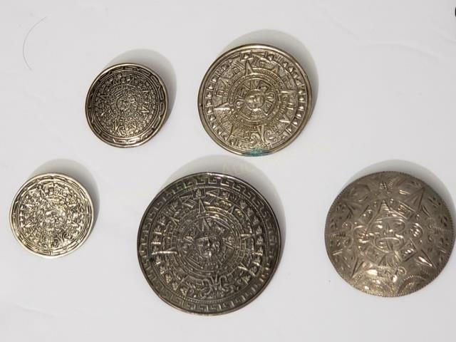 5 Round Mexican Aztec Calendar Pins (1 of 7)