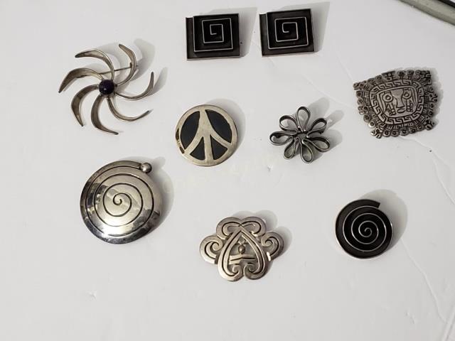 Group of 9 Mexican Silver Pins Geometric Etc (1 of 1)