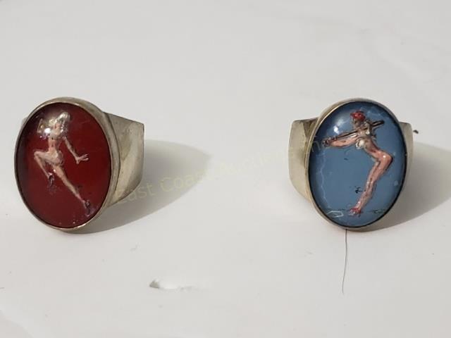 Two Reverse Painted Pinup Rings Baseball Football (1 of 2)