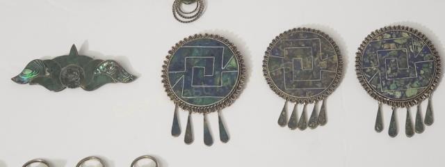 Group of 4 Mexican Silver Pins Green Stone Inlay (1 of 5)