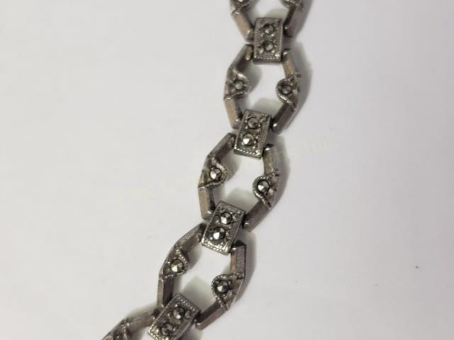 Two Sterling & Marcasite Necklaces: 1) 14.5" overall, 5 squares at center, marked "Sterling", 2) 14.5" overall, flowers, marked "Sterling". Total weight, 3.05 Oz. Troy.