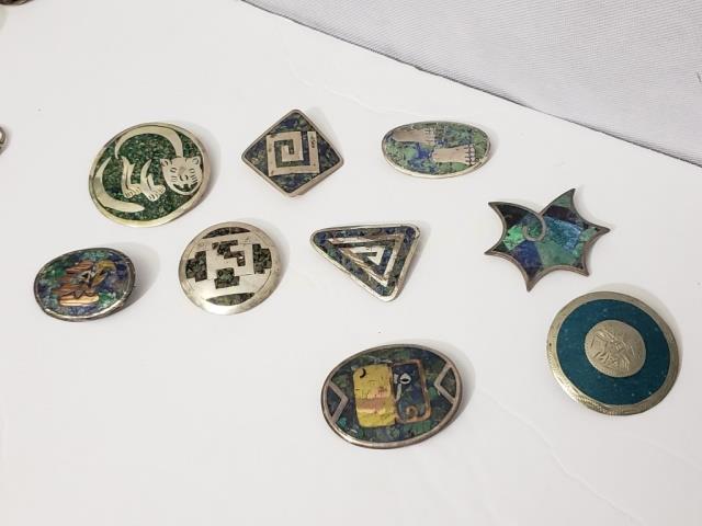 Group of 9 Mexican Silver Pins With Inlay (1 of 5)