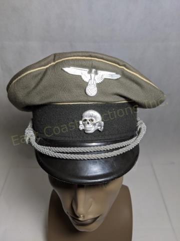 WWII German 3rd Reich SS Panzer Officers Visor: Officers hat with Totenkopf Pin, 3rd Reich Eagle Badge, silver metal piping. Possible owners initials inside.