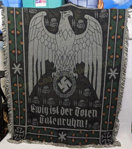 WW2 Nazi SS Tapestry After Karl Diebitsch: The Tapestry with "Ewig ist der Toten Tatenruhm" (The fame of the dead man's deed lives forever) from the Edda (Icelandic text of old Viking/Nordic deeds). The tapestry with the Reich eagle and Totenk