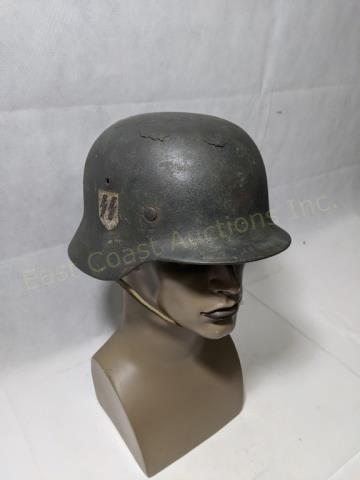 WWII German SS Single Decal M-42 Helmet: WWII German SS single decal M-42 helmet, complete with liner and chin strap. Liner size stamped "59."