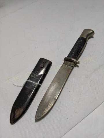 Hitler Youth Knife Dagger RZM M7/80 41: Hitler Youth dagger. 9 9/16" overall. With broken crossguard. Red and white enameled logo on grip with Swastika. Blade has been sharpened, etc. Marked ""RZM", "M7 / 80" and "41". With scabbard; scabba