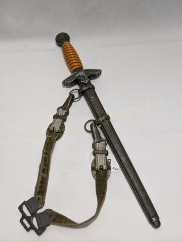 German Air Force Dagger WW2 With Hangers Luftwaffe: German WW2 Air Force dagger. 16.25" overall. Blade marked "Robiklass / Solingen", cross guard with eagle with wings spread. Yellow handle has a small break near the pommel. Pommel with swastika. With 