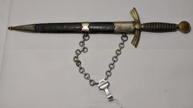 First Pattern Luftwaffe Dagger German WW2 Nazi: With circular Swastika on crossguard and pommel. Overall length 19". Hang chain marked "OLC", and "Ges. Gesch.". Blade is 12"; "Gebr. Heller/ Marienthal / b. Schweina/ Thr.". Leather grommets no longe