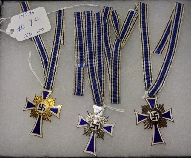 (3) WWII German Mothers Mutters Cross Set: This lot includes 3 Der Deutschen Mutter Cross medals in bronze, silver, and gold. Awarded for the birth of children for the fatherland. Includes presentation ribbons.