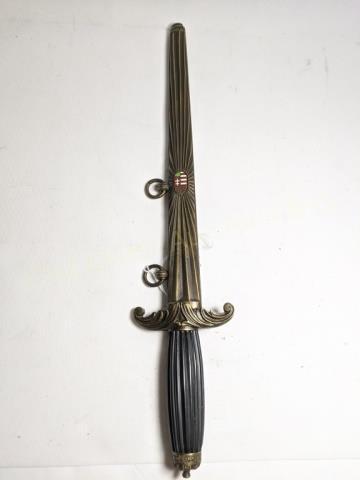 Hungarian Army Officers Dagger: Inscabbard, overall length 14 7/8". Dagger alone, 14". Hilt marked "Meszaros Lajos / Budapest". Blade with etched and gilt decoration. Scabbard with enameled badge.