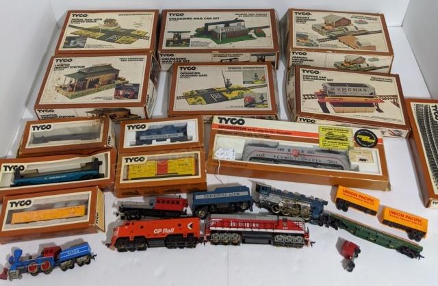 Tyco HO Scale Collection with Boxes: Freight Unloading Depot remote control operating tractor, Operating Crossing Gate, Hopper Car Unloading Set, Operating Piggyback Loader & Unloader Depot, Signal Man with Lighted Stack, Unloading Mail