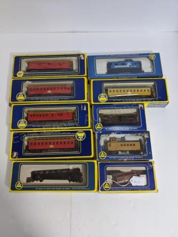HO Scale AHM Train Cars, Coach & Cabooses: From the Oldtime collection: Horse Car / U.S. Military Car, Combine Car, Baggage, (2) Red Coach and Yellow Coach. Along with Drover's Caboose / Virgina & Truckee, Ore Car, Gondola with load and 35' St