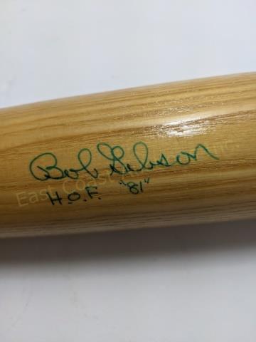 Bob Gibson HOF Signed MLB Adirondack Wooden Bat: A McLaughlin-Millard Inc. Northern White Ash, "Flexible Whip Action". Signed by Bob Gibson with a blue Sharpe, inscribed H.O.F. 1981.