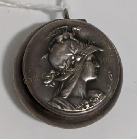 Small Sterling Silver Unger Brothers Pill Box: Minerva (?) in profile. .26 Oz. Troy. Marked "Sterling UB .925 Fine" "9681".