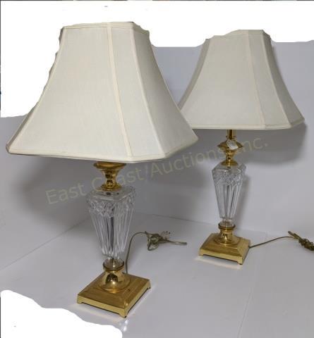 A Pair Of Waterford Lamps: A pair of Waterford glass lamps with shades. Brass and glass. Signed Waterford. Overall height 30.5" to top of harp, 21.5" to top of electric socket.