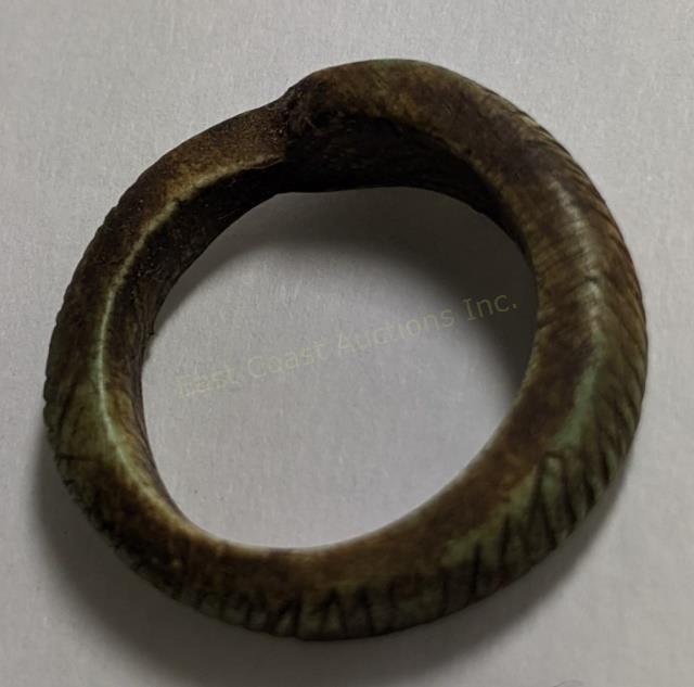 Sadigh Gallery Ancient Egyptian Ring 600BC: COA reading "From a Birthplace of civilization long before written history Ancient Egyptian green soapstone Oroboros ring, the symbol of eternity or never ending- the Late Kingdom- 600 - 300 BC". Also