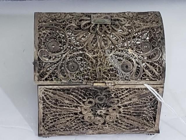 Silver Wire Work Box Treasure Chest Form: 2.75" tall x 2.75" wide x 2" deep. Apparently unmarked. 2.40 Oz. Troy.