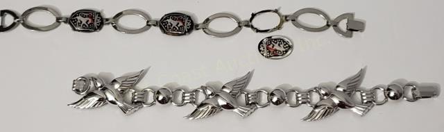 Sterling Silver Bracelet Group (2): 1) "Old Crest" sterling with birds, 7.5" overall, 2) sterling bracelet with rampant horse (?), 7.5", one horse charm loose (needs gluing). Total weight 1.07 Oz. Troy.