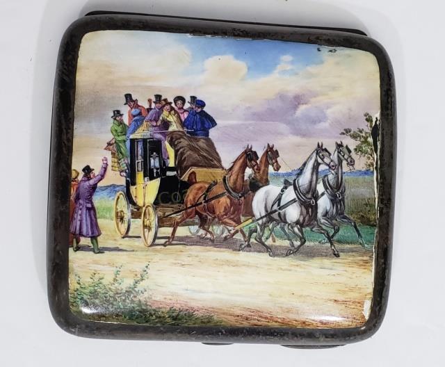 A Gorham Sterling Silver Enamel Cigarette Case: Colorful enamel scene on front of case, coaching scene. Case measures 3 3/8" wide x 3.25" top to bottom. Marked on interior, "(Lion) (Anchor) G", Sterling "3586". Some slight damage to right edge of e
