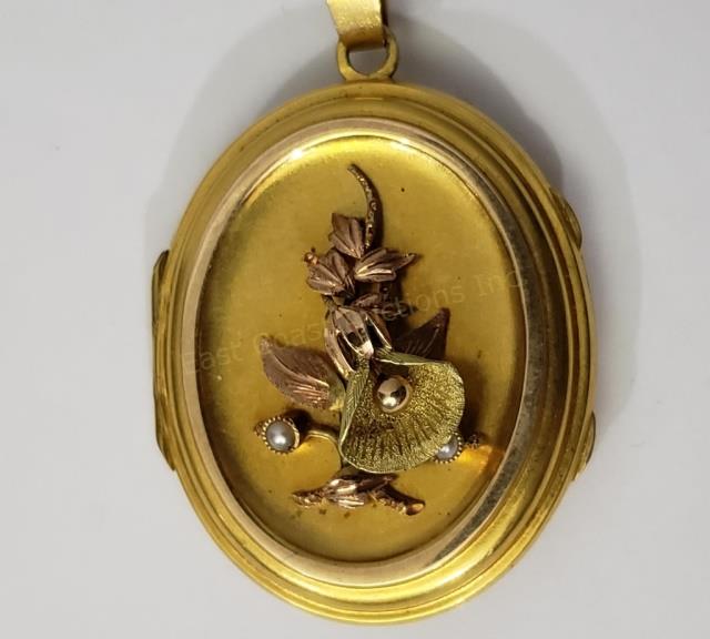 Victorian Gold (18K?) Locket On 14K Gold Chain: Chain- 16" overall length. Marked "14K". Locket with pink and yellow gold flower decoration in relief, also with 2 small pearls. Locket has interior glass but no contents. Locket apparently unmarked. 
