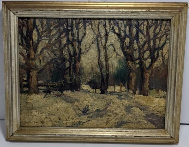 Norman Braley Oil On Canvas Painting: Painting of a winter road scene. 8.75" x 11.5" in silver gilt frame. With exhibition label verso, "Second Annual Exhibition Newark Art Club", Signed in pencil on reverse of canvas.