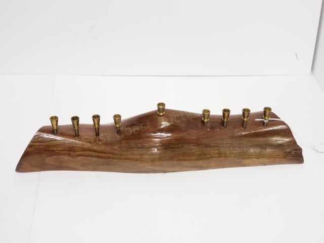 A Hand Made Wooden Menorah Signed: The menorah is 17.5" wide. Signed "Herbert Kolb 1995" on base.