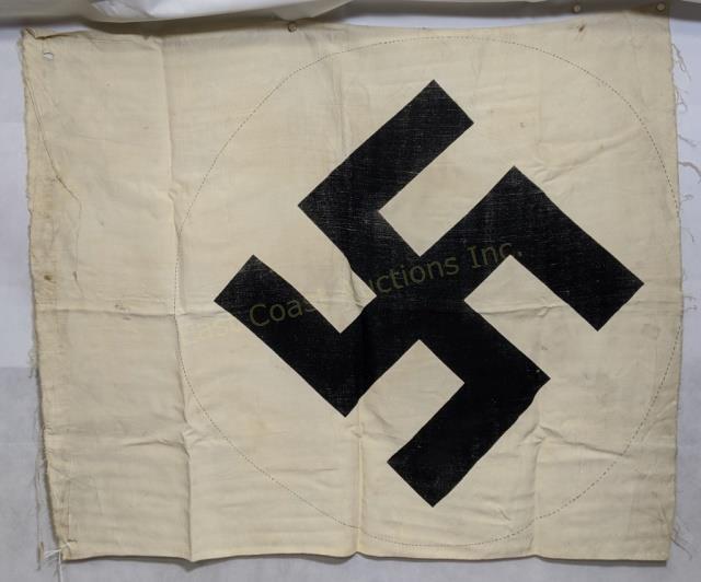 All White Banner Or Flag With Swastika: All white banner with black swastika. Scribed black circle around swastika. Size is appx. 30" x 36.5". Small display or hanging holes at top left and top right.